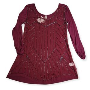 Vanity Sparkly Beaded Mesh Front Blouse Wine Color‎ Women's Size S